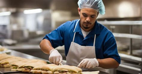 Scrape away leftover food on the dishes and utensils. . A food worker needs to prepare sandwiches after cleaning